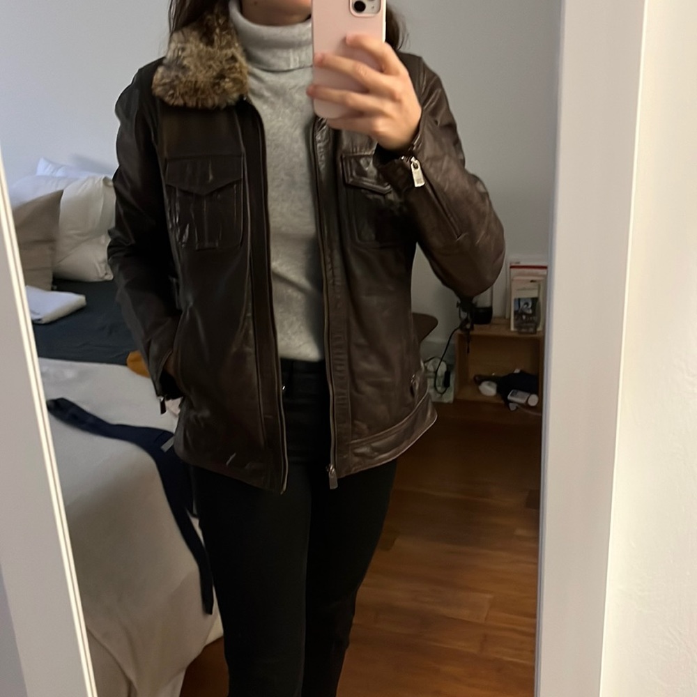 Brown leather jacket with rabbit collar